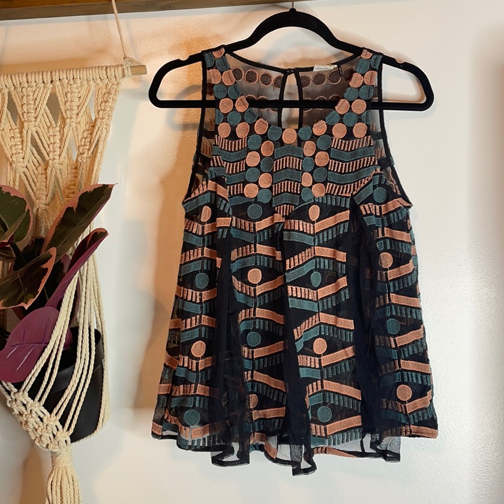 Akemi + Kin Anthropologie mesh embroidered tank coral teal sheer top blouse